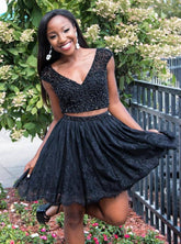 Black V-Neck Two-Piece Beaded Bodice Homecoming Dress with Lace Skirt